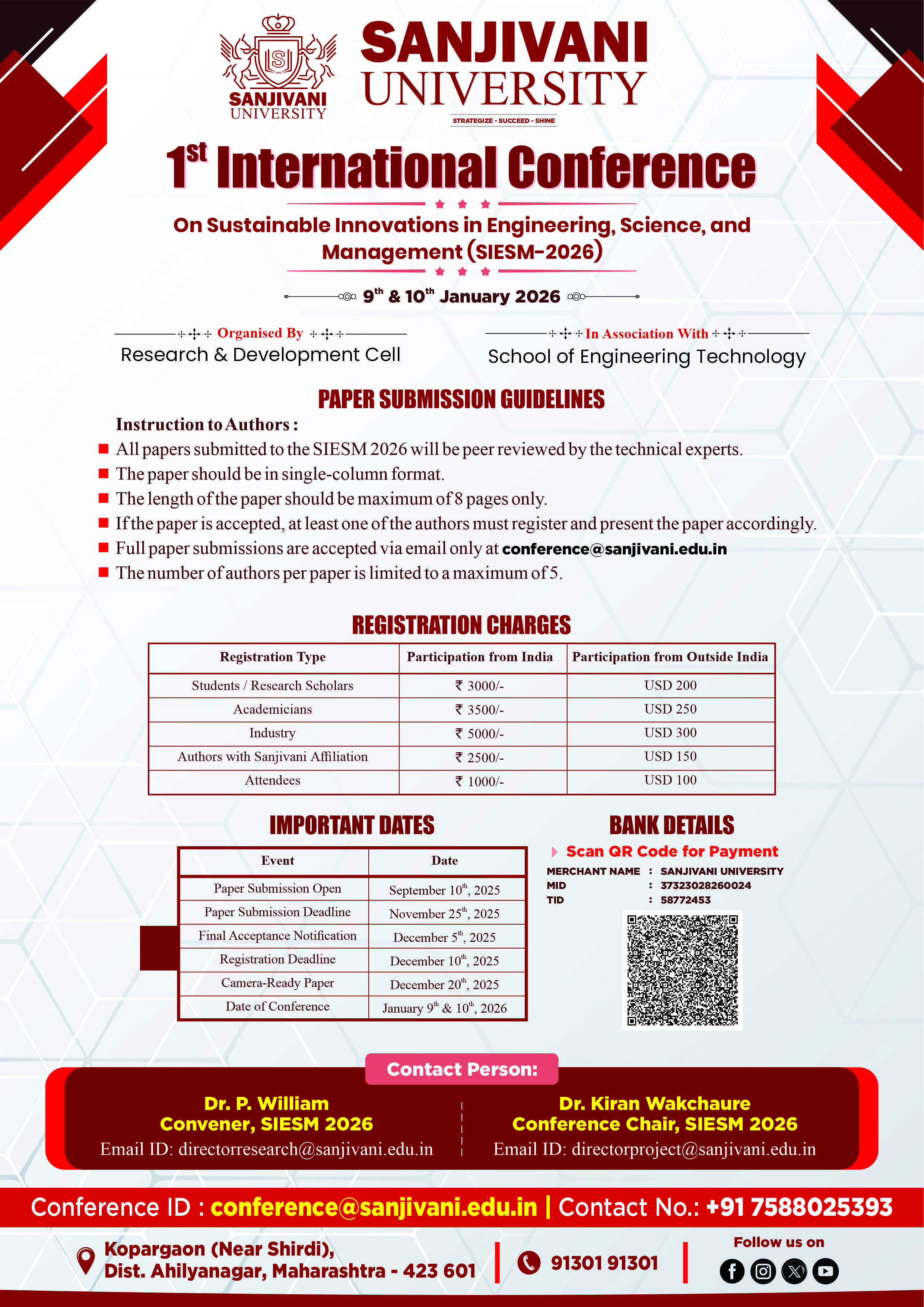 Upcoming Year'2026 Sanjivani University  1st International Conferences